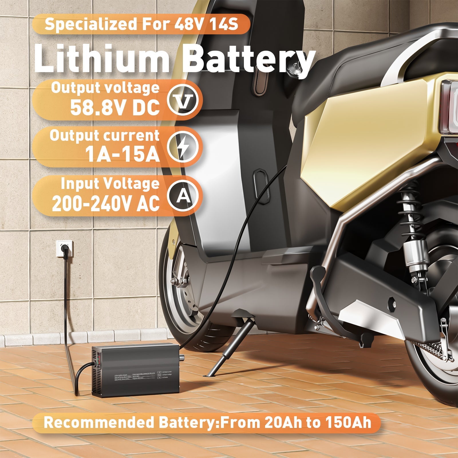 Suraziki 58,8 V 1-15 A Strom einstellbares Lithium-Batterieladegerät für 14S 51,8 V Li-Ionen-/ternäre Lithium-/Polymer-Batterien, E-Bike-Scooter-Batterieladegerät
