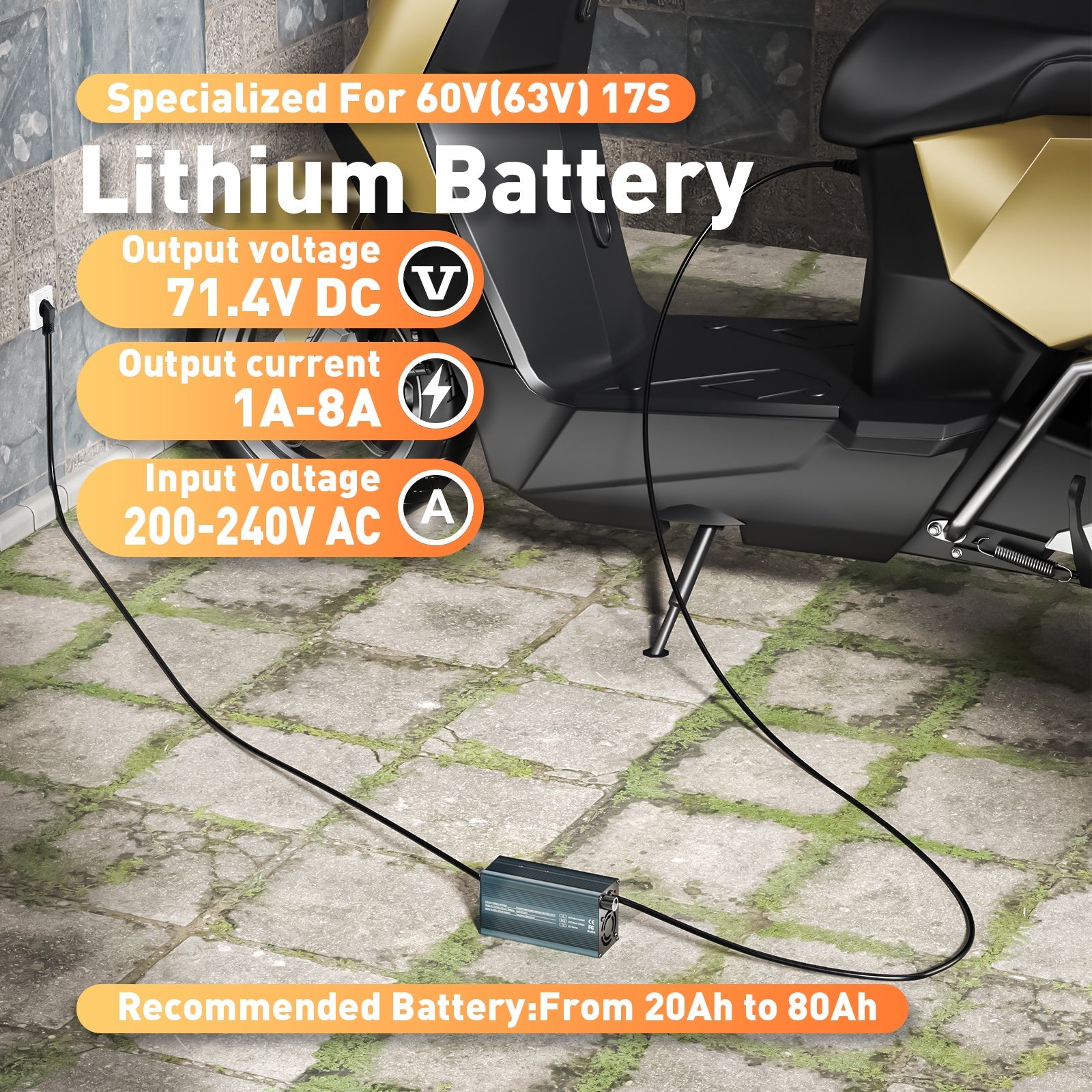 Suraziki 71,4 V 1-8 A stromverstellbares Lithium-Batterieladegerät für 17S 62,9 V Li-Ionen-/ternäre Lithium-/Polymer-Batterie, Ebike-Roller-Elektromotorrad-Batterieladegerät