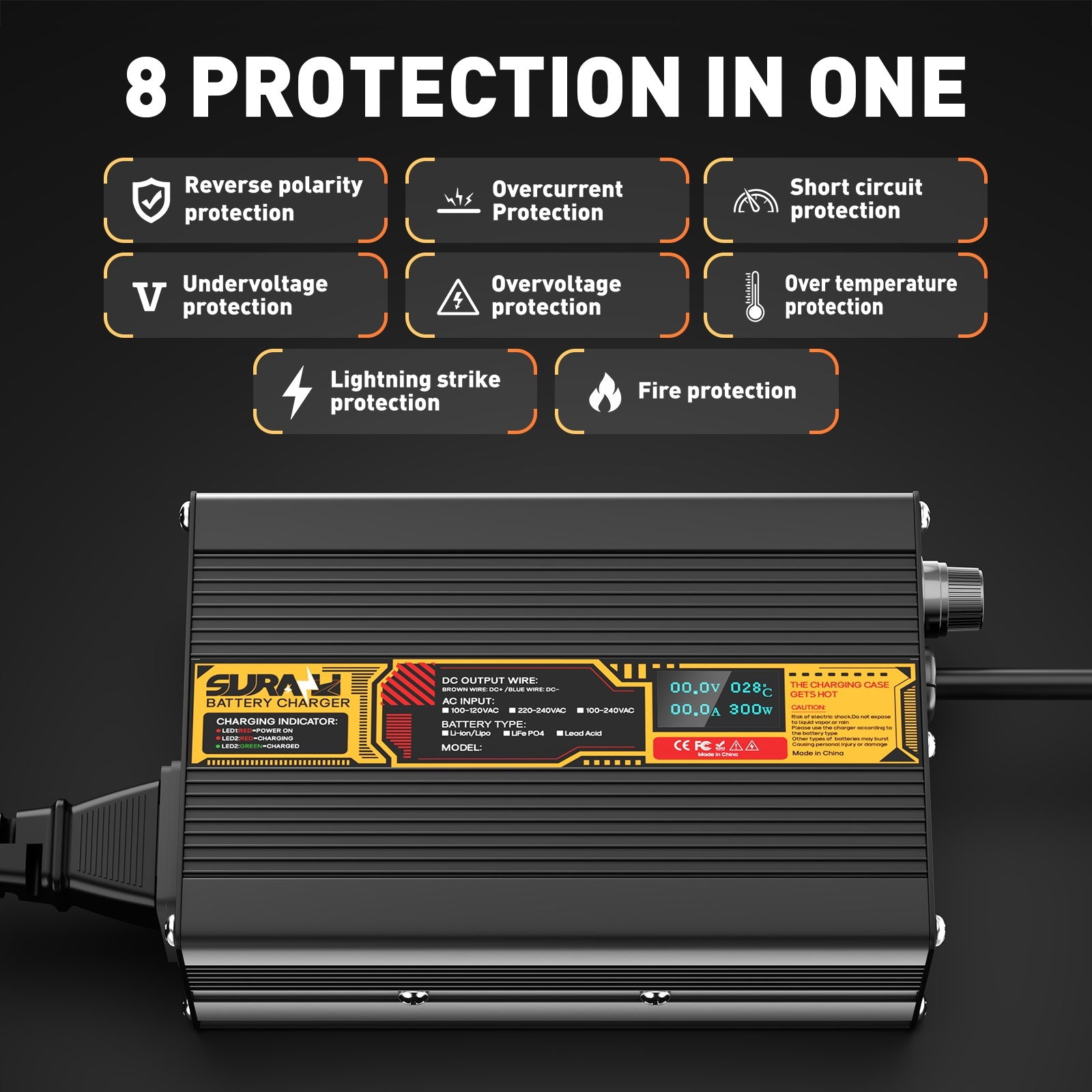 Suraziki Lead Acid Battery 72V 3A Battery Charger for 72V Lead Acid AGM GEL Deep Cycle and Auto Starting Batteries, LED Display, Full Protection，Aluminum alloy shell