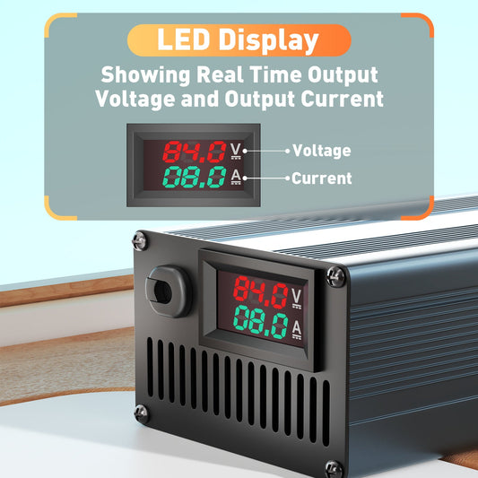 Cargador de batería de litio ajustable Suraziki 84V 1-8A para baterías de litio/polímero ternario de 20S 74V 72V, cargador de batería para motocicleta eléctrica, scooter y bicicleta eléctrica.