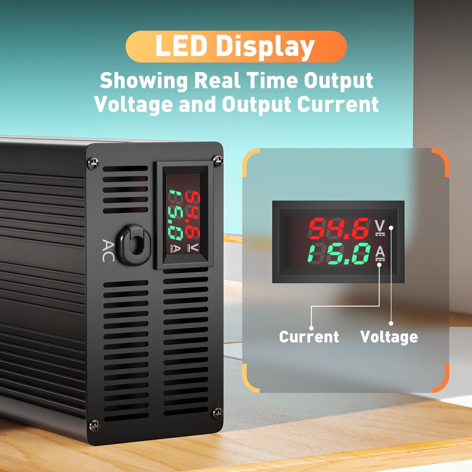 Suraziki 54.6V 1-15A Current Adjustable Lithium Battery Charger for 13S 48.1V Li-Ion/Ternary Lithium/Polymer Batteries, Ebike Scooter Battery Charger