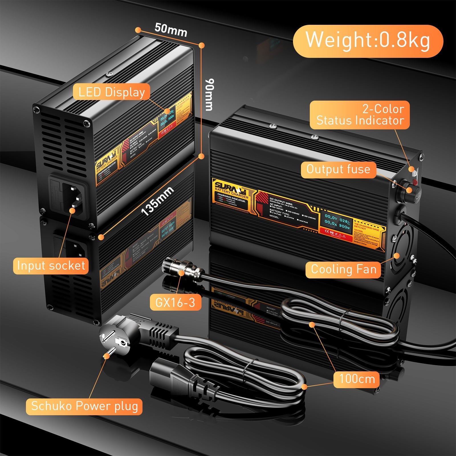 Suraziki LiFePO4 43.8V 5A Battery Charger for 36V/38.4V Lithium Iron Phosphate Batteries, LED Display, Full Protection