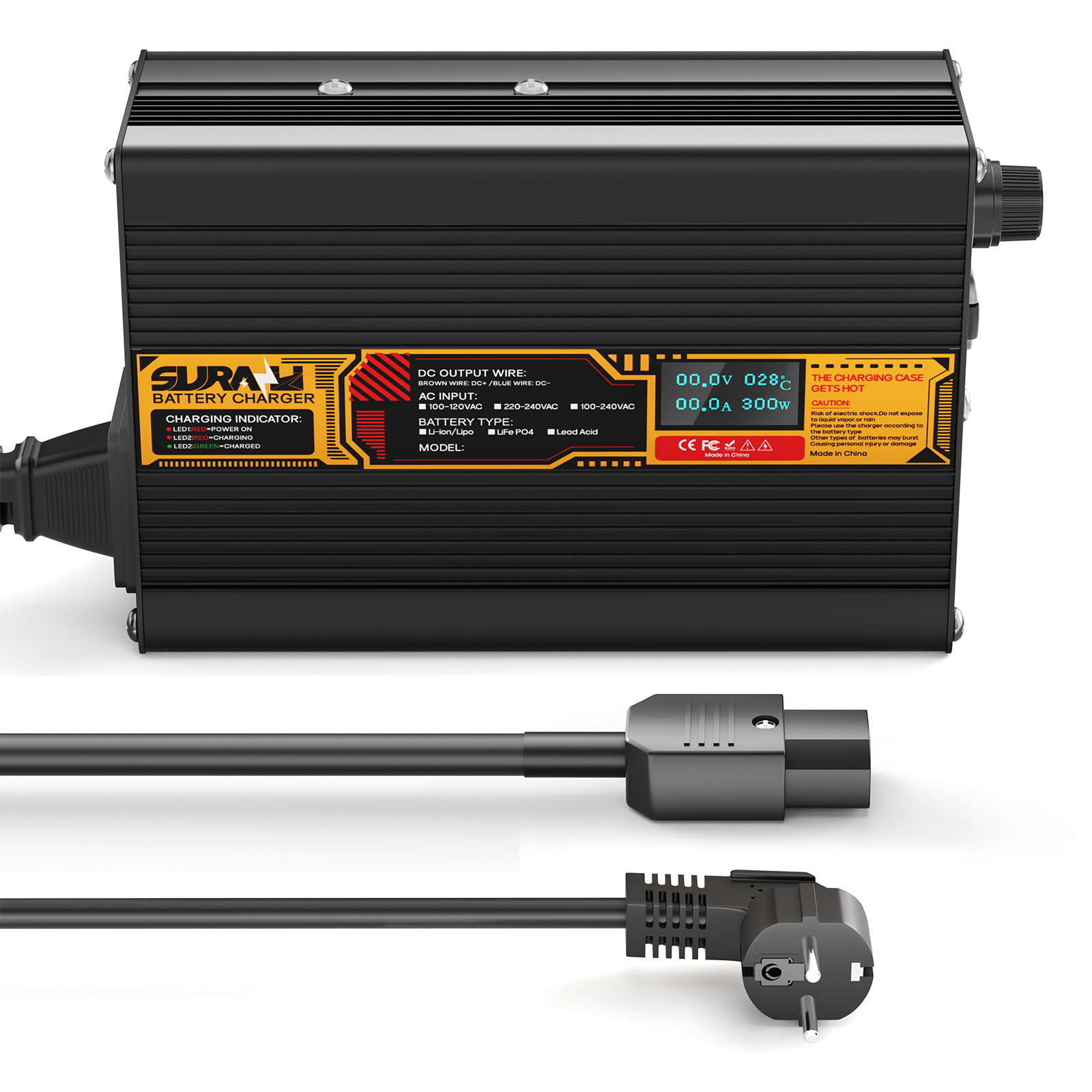 Suraziki Lithium-46,2 V 6 A-Batterieladegerät für 40,7 V Lithium-Ionen-Polymerbatterien, LED-Anzeige, vollständiger Schutz, Gehäuse aus Aluminiumlegierung
