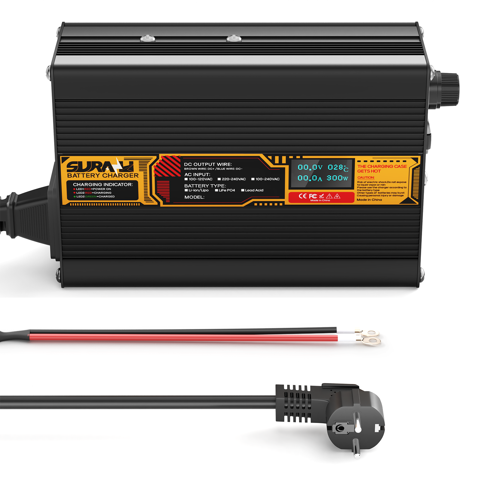 Suraziki LiFePO4 43.8V 5A Battery Charger for 36V/38.4V Lithium Iron Phosphate Batteries, LED Display, Full Protection