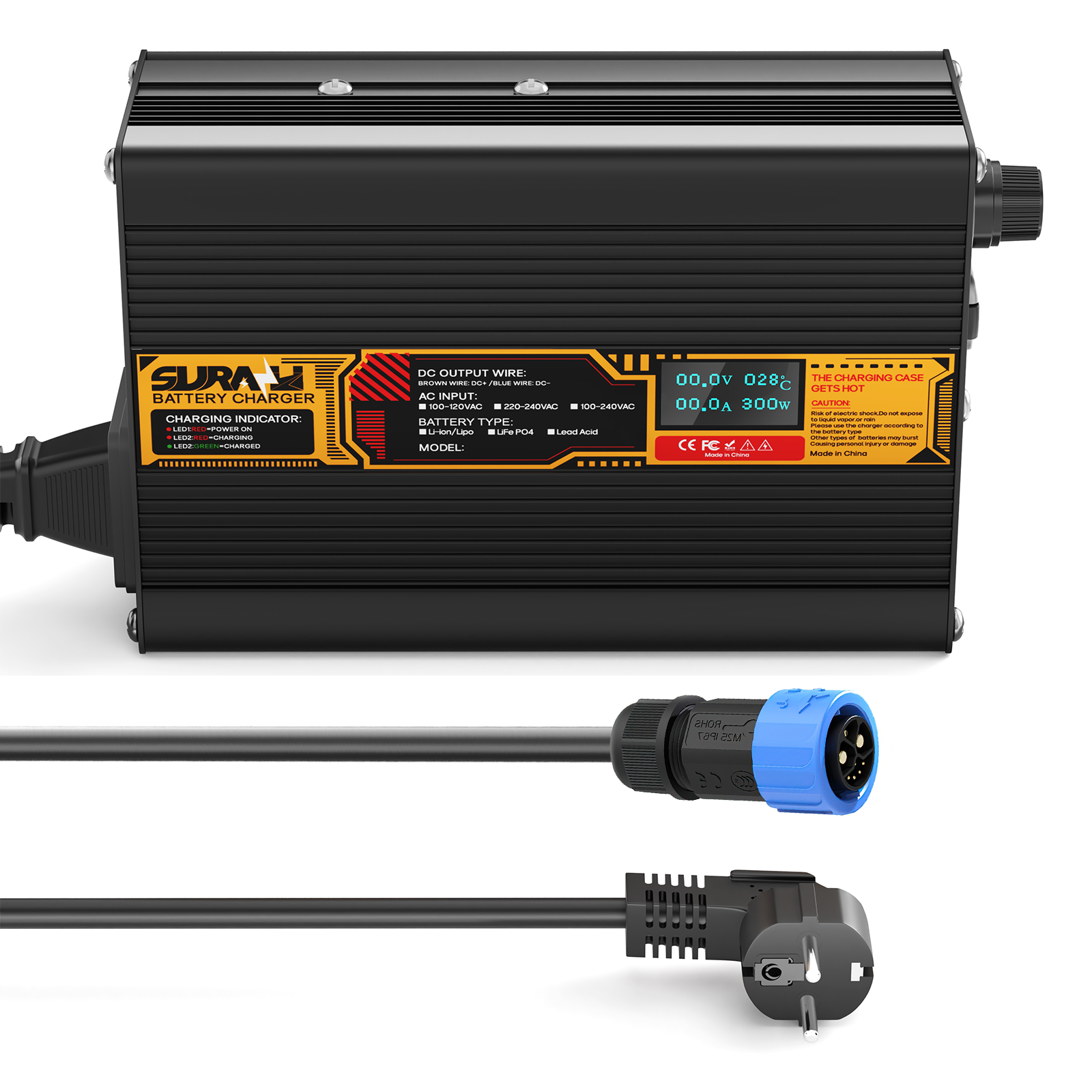 Suraziki LiFePO4 43.8V 5A Battery Charger for 36V/38.4V Lithium Iron Phosphate Batteries, LED Display, Full Protection