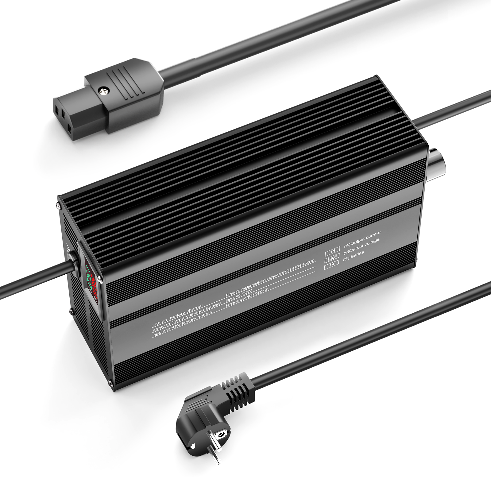Suraziki 58,8 V 1-15 A Strom einstellbares Lithium-Batterieladegerät für 14S 51,8 V Li-Ionen-/ternäre Lithium-/Polymer-Batterien, E-Bike-Scooter-Batterieladegerät