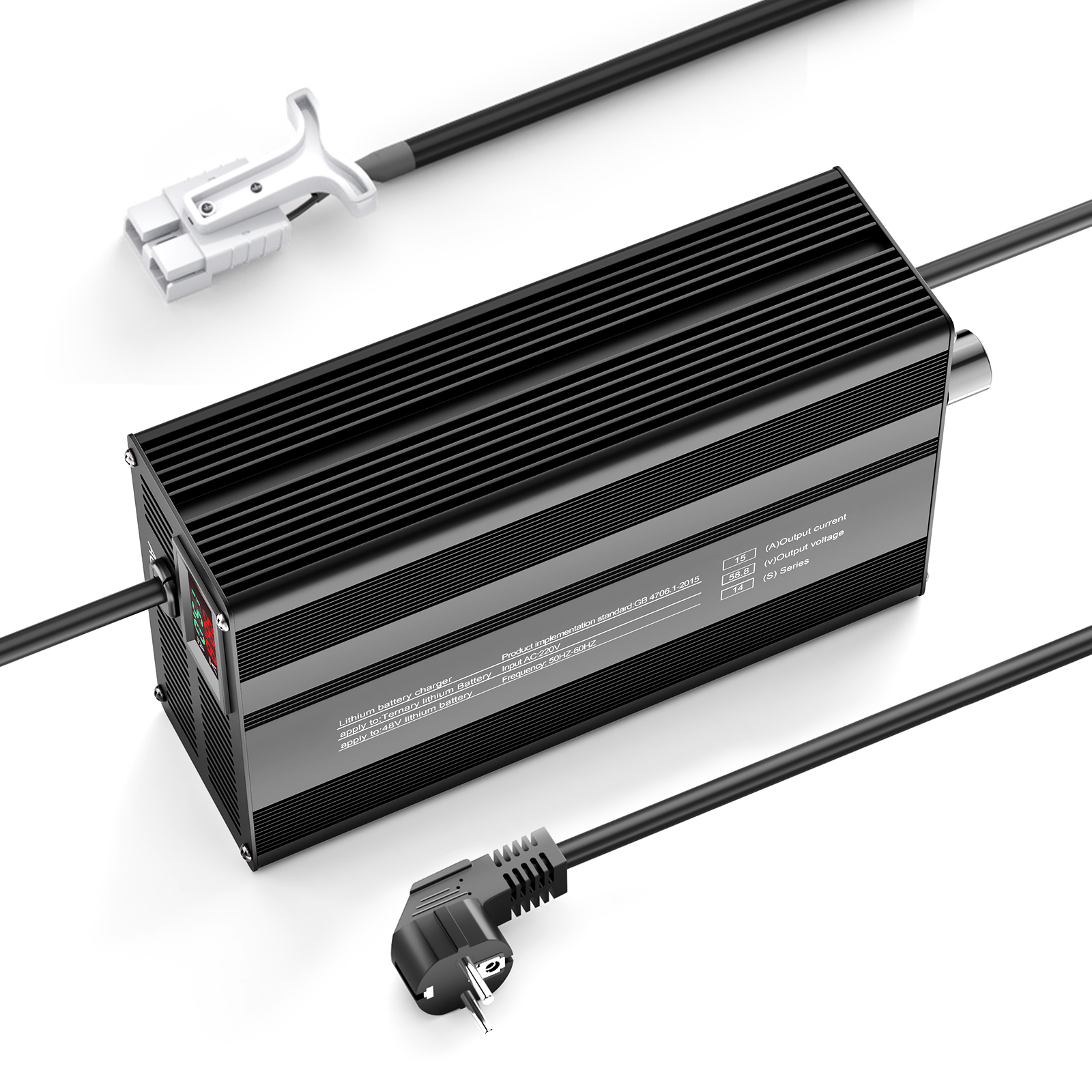 Suraziki 58,8 V 1-15 A Strom einstellbares Lithium-Batterieladegerät für 14S 51,8 V Li-Ionen-/ternäre Lithium-/Polymer-Batterien, E-Bike-Scooter-Batterieladegerät
