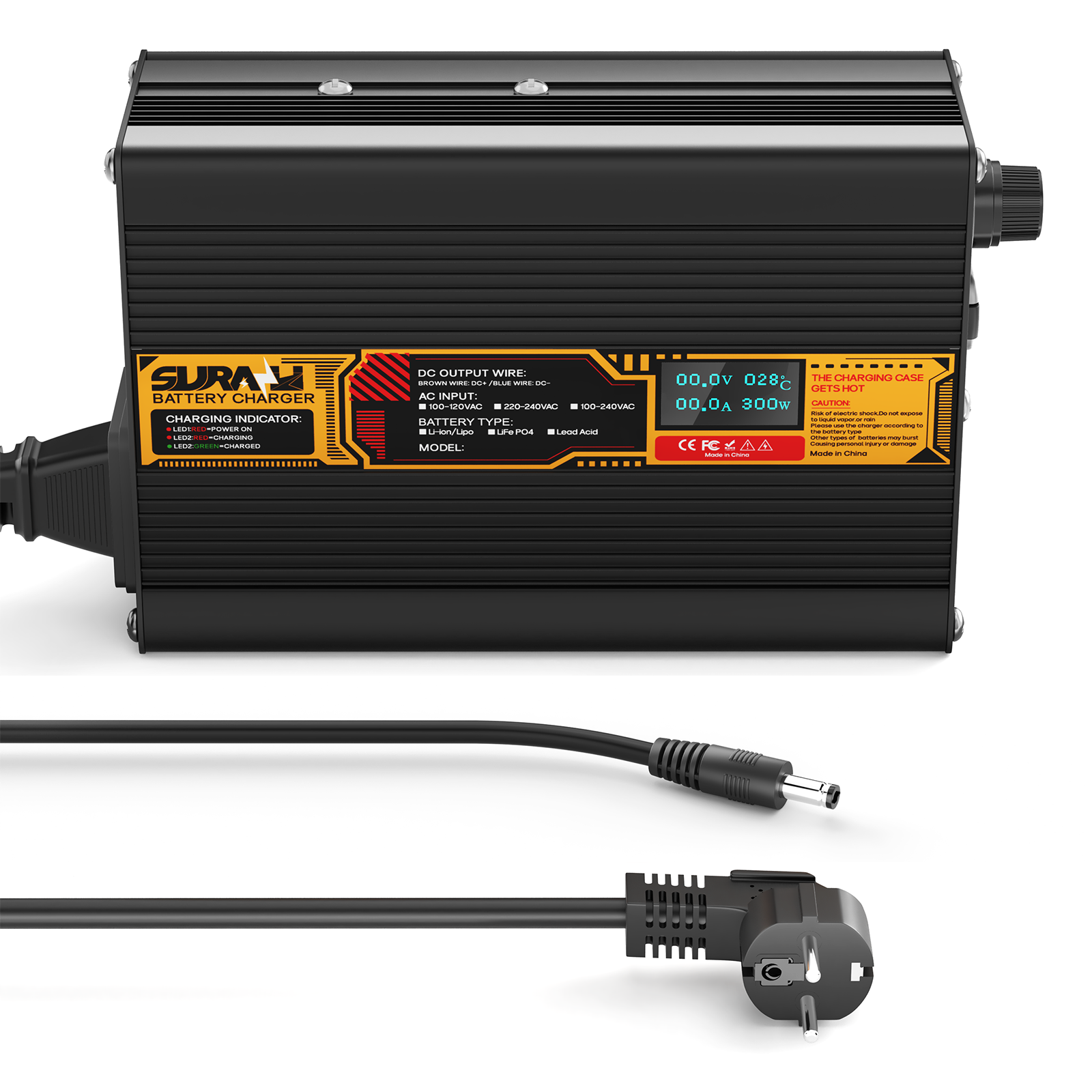 Suraziki LiFePO4 43.8V 5A Battery Charger for 36V/38.4V Lithium Iron Phosphate Batteries, LED Display, Full Protection