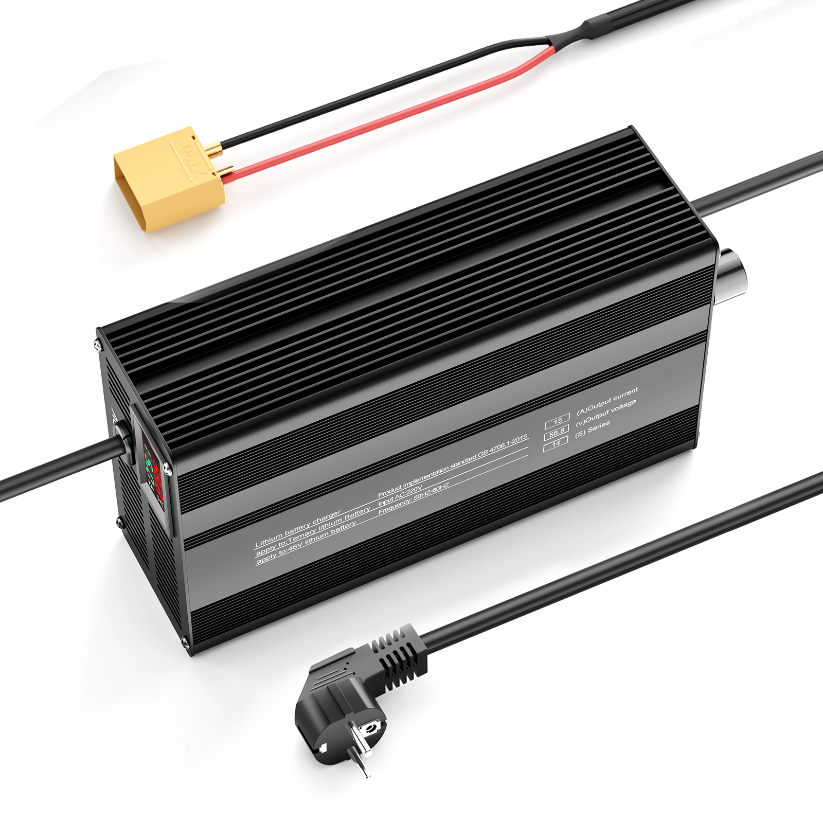 Suraziki 58,8 V 1-15 A Strom einstellbares Lithium-Batterieladegerät für 14S 51,8 V Li-Ionen-/ternäre Lithium-/Polymer-Batterien, E-Bike-Scooter-Batterieladegerät
