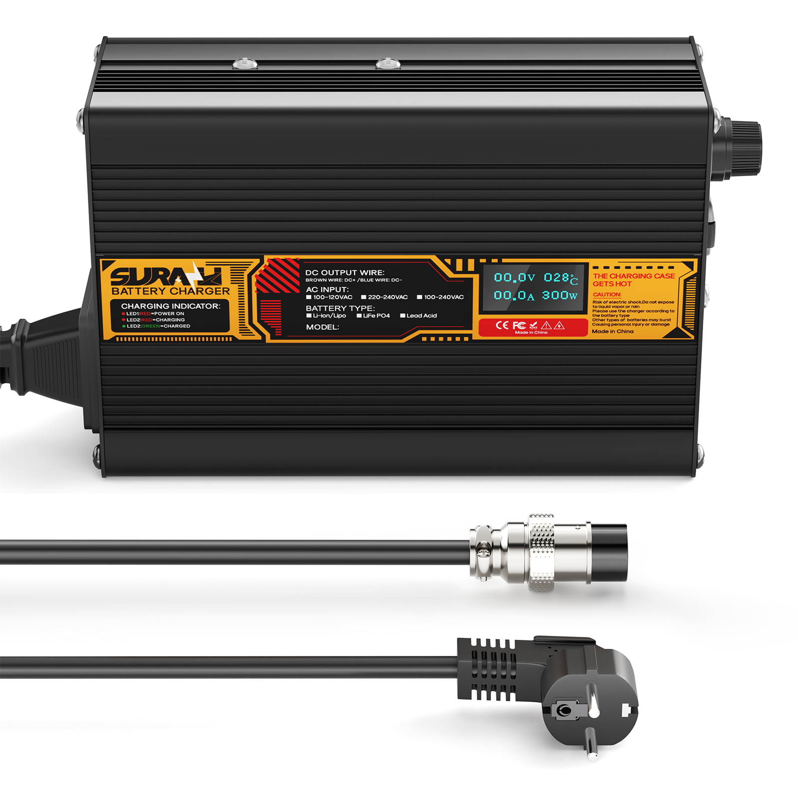 Suraziki LiFePO4 43.8V 5A Battery Charger for 36V/38.4V Lithium Iron Phosphate Batteries, LED Display, Full Protection
