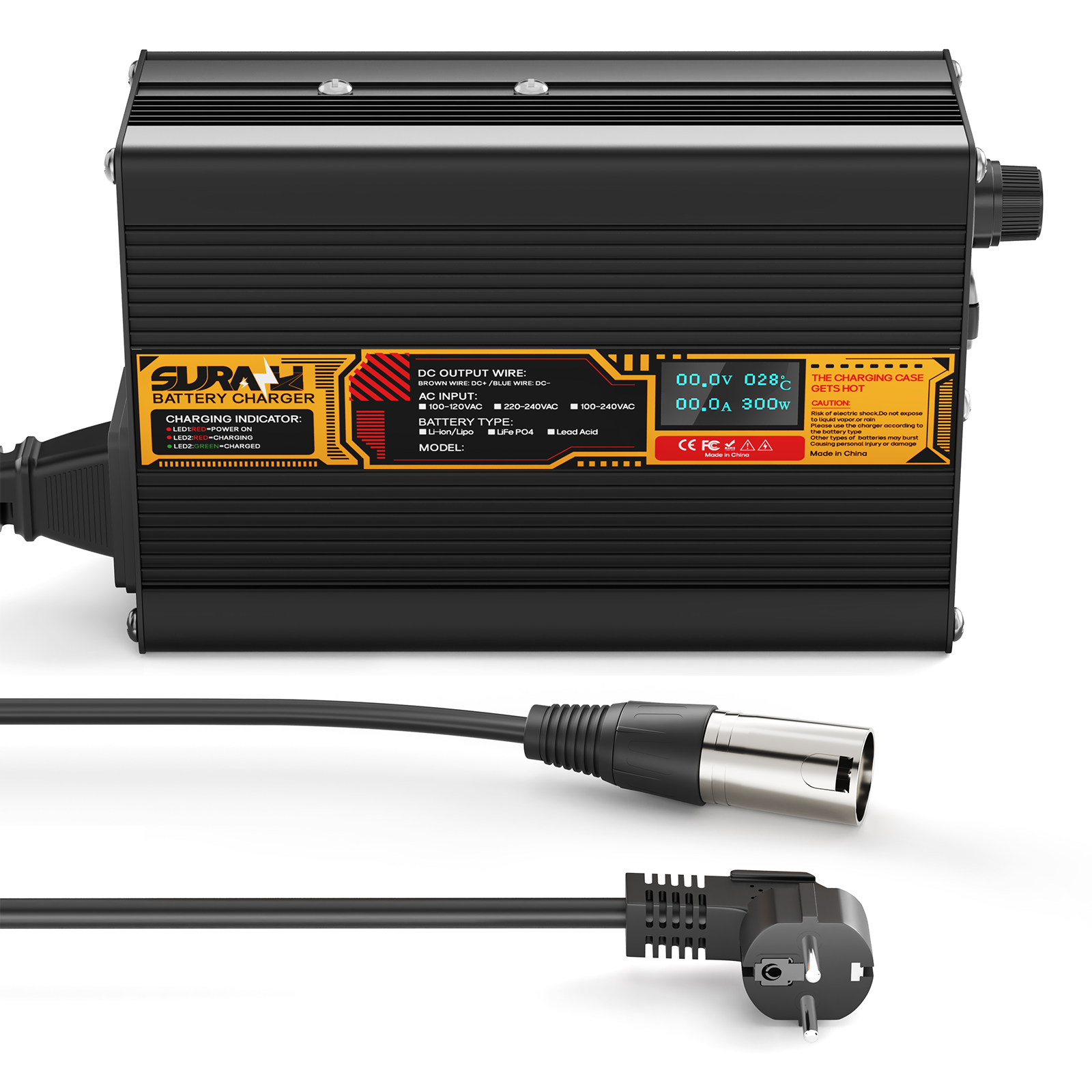 Suraziki LiFePO4 43.8V 5A Battery Charger for 36V/38.4V Lithium Iron Phosphate Batteries, LED Display, Full Protection