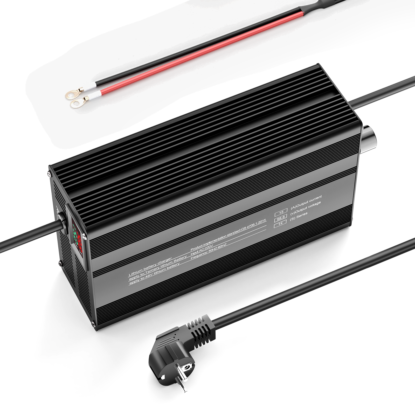 Suraziki 58,8 V 1-15 A Strom einstellbares Lithium-Batterieladegerät für 14S 51,8 V Li-Ionen-/ternäre Lithium-/Polymer-Batterien, E-Bike-Scooter-Batterieladegerät