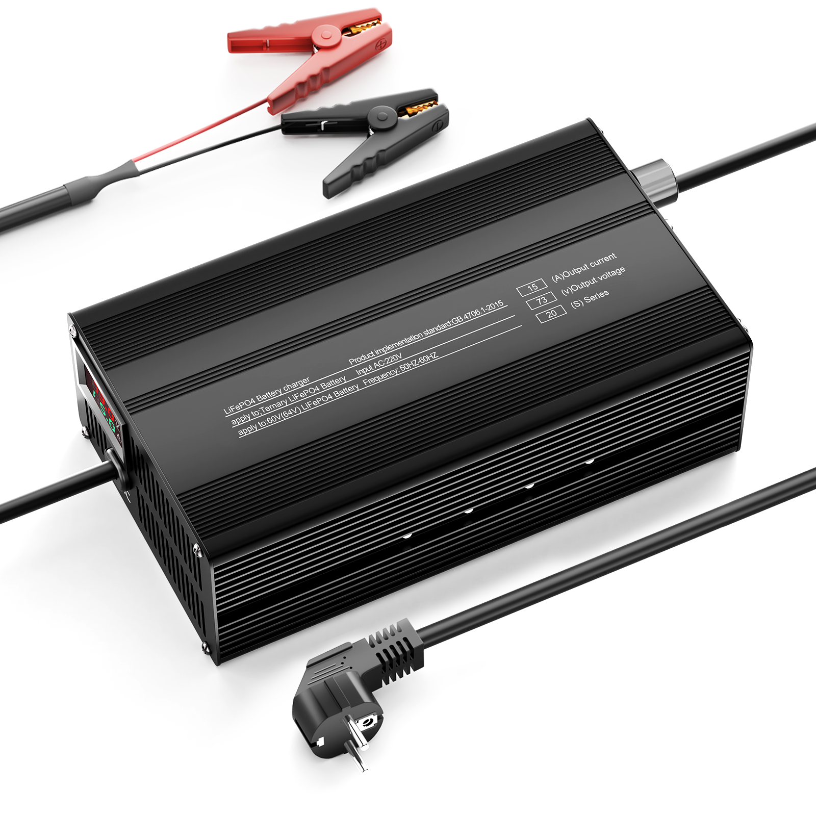 Suraziki 73V 1-15A Einstellbare Stromstärke Lithium LiFePO4 Batterie Ladegerät für 20S 64 V (60 V) LiFePO4-Batterie, Kühllüfter, Gehäuse aus Aluminiumlegierung, LCD-Display