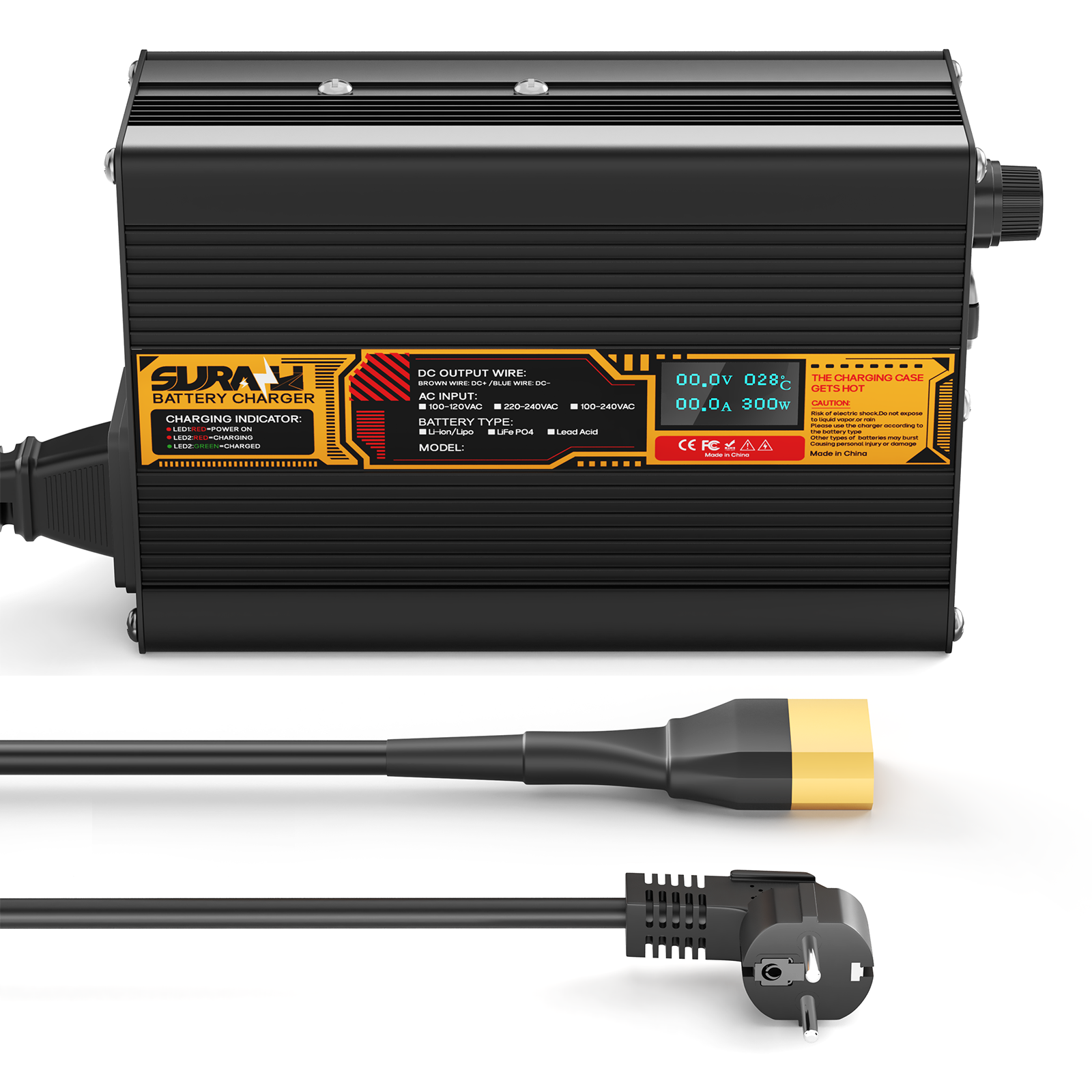 Suraziki LiFePO4 43.8V 5A Battery Charger for 36V/38.4V Lithium Iron Phosphate Batteries, LED Display, Full Protection