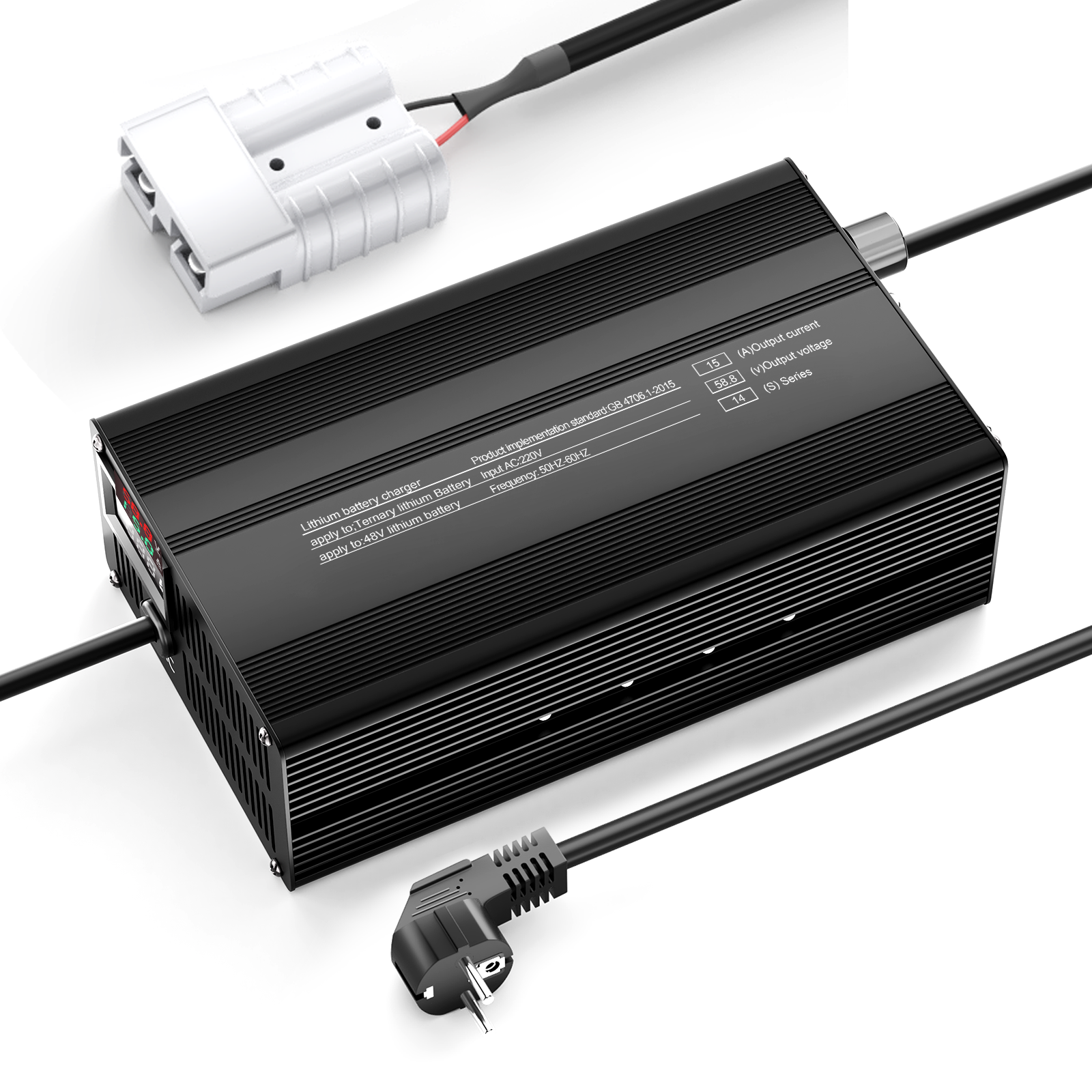 Suraziki 58,8 V 1-15 A Strom einstellbares Lithium-Batterieladegerät für 14S 51,8 V Li-Ionen-/ternäre Lithium-/Polymer-Batterien, E-Bike-Scooter-Batterieladegerät