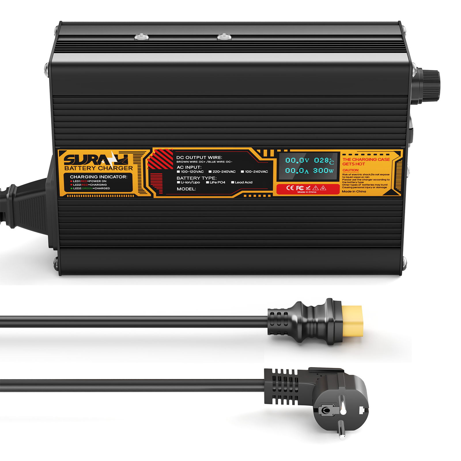 Suraziki LiFePO4 43.8V 5A Battery Charger for 36V/38.4V Lithium Iron Phosphate Batteries, LED Display, Full Protection