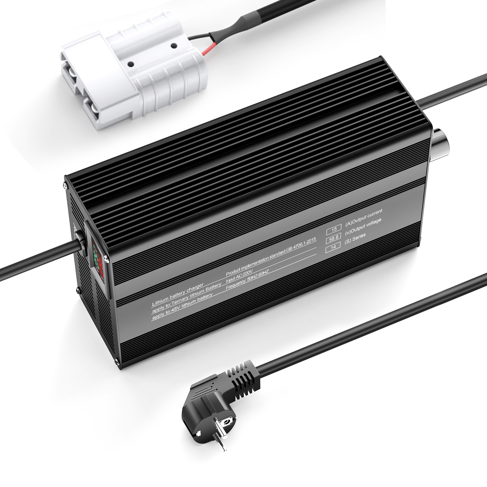 Suraziki 58,8 V 1-15 A Strom einstellbares Lithium-Batterieladegerät für 14S 51,8 V Li-Ionen-/ternäre Lithium-/Polymer-Batterien, E-Bike-Scooter-Batterieladegerät