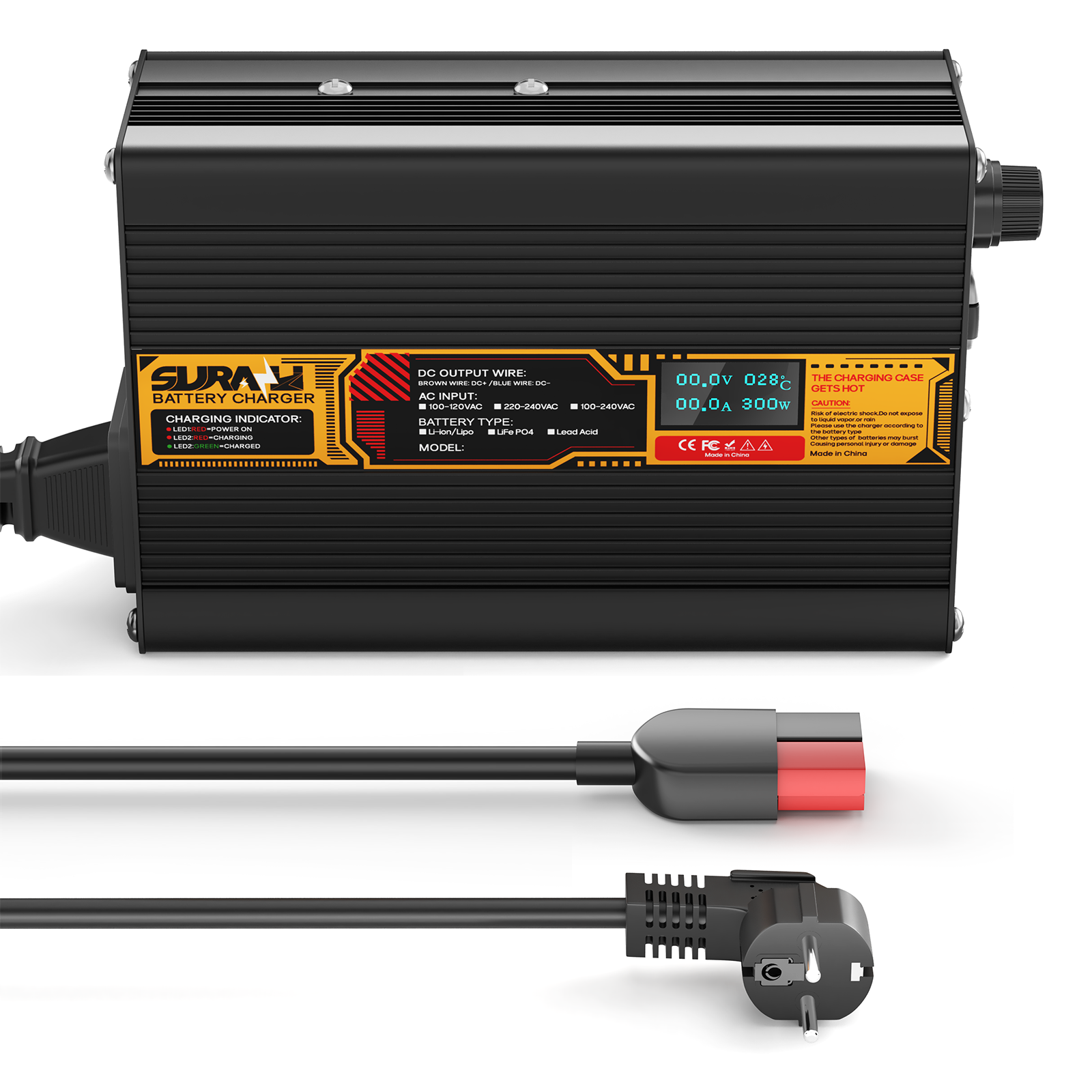 Suraziki LiFePO4 43.8V 5A Battery Charger for 36V/38.4V Lithium Iron Phosphate Batteries, LED Display, Full Protection
