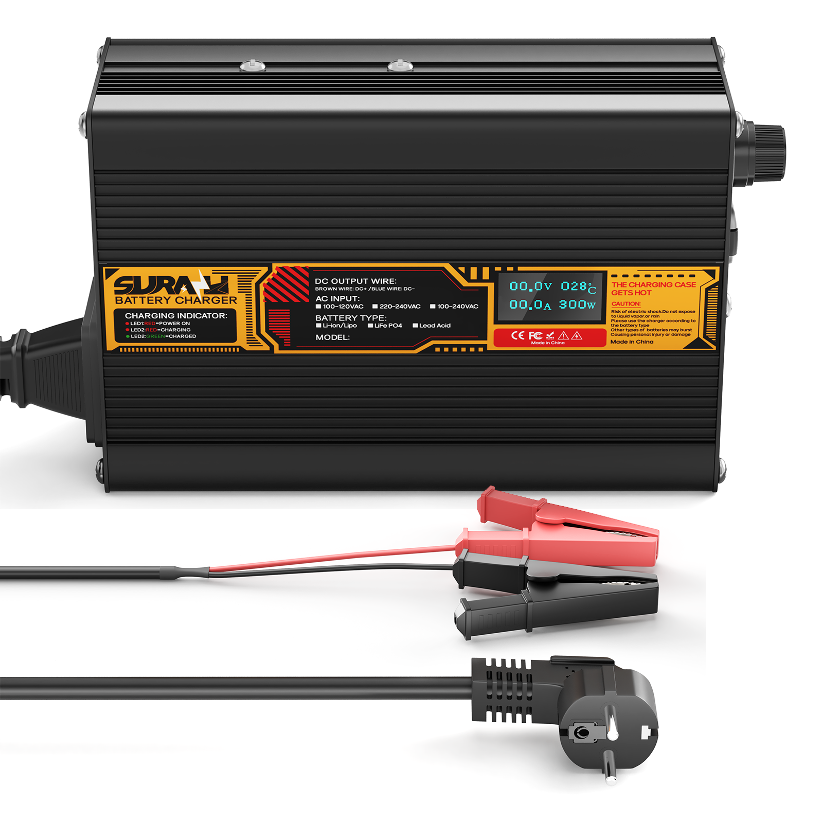 Suraziki LiFePO4 43.8V 5A Battery Charger for 36V/38.4V Lithium Iron Phosphate Batteries, LED Display, Full Protection