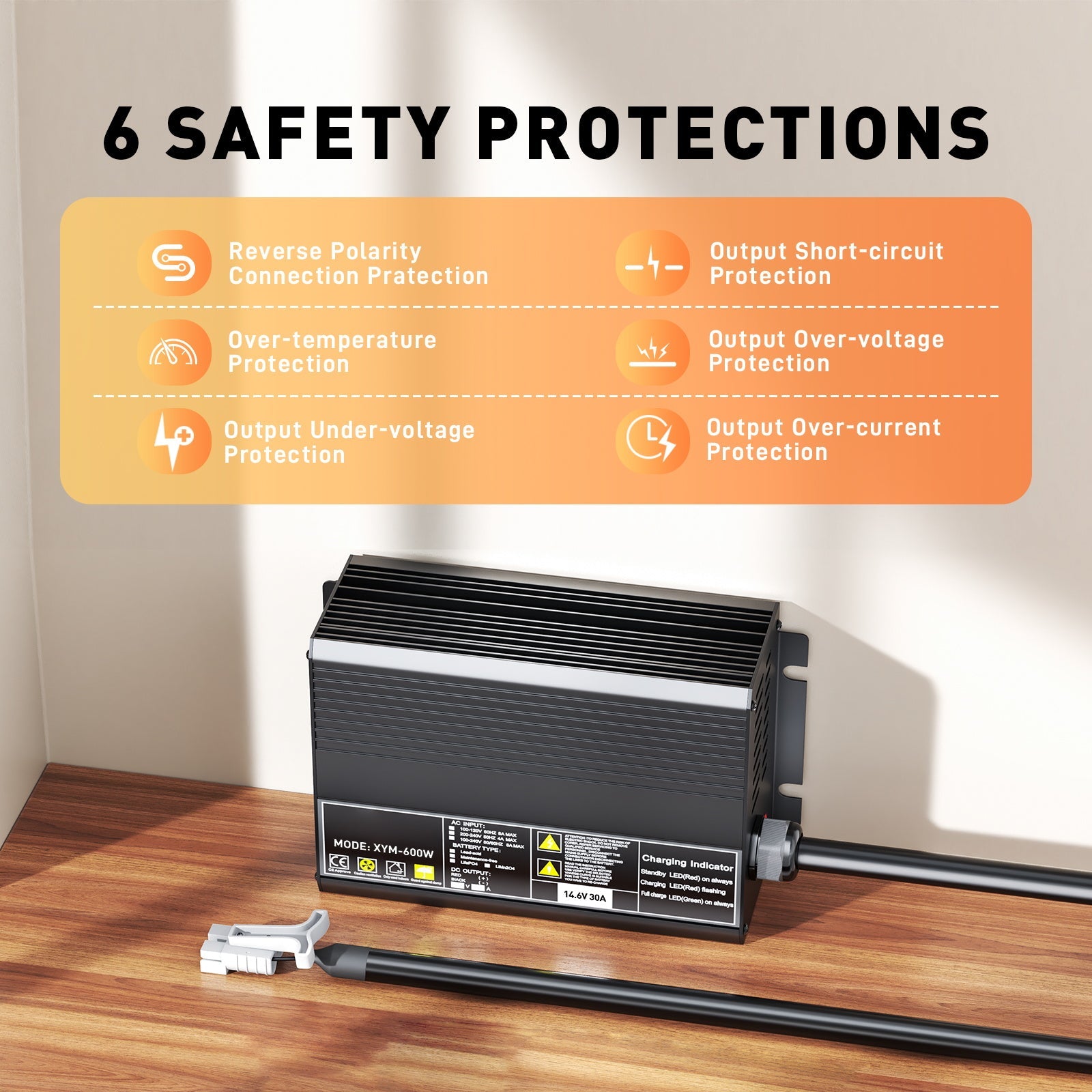 Cargador de batería LiFePO4 de 12 V y 30 A, voltaje de carga de 14,6 V, activación de BMS de 0 V, corte automático, con conector de carga rápida Anderson de 50 A